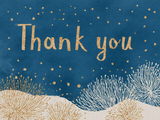 Elegant thank you card design featuring gold lettering on a dark blue background with abstract coral elements