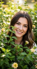 A young woman with long, brown hair smiles radiantly, peeking through vibrant green foliage and delicate yellow flowers. Warm sunlight filters through