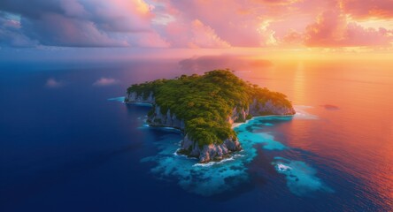 Aerial view of a tropical island at sunrise. Golden light and clear water