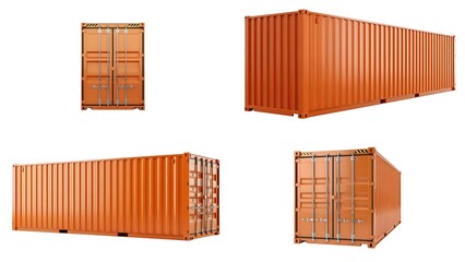 Orange Cargo Shipping Container Mockup Set with Full Length Side View and Front Perspective Isolated on White
