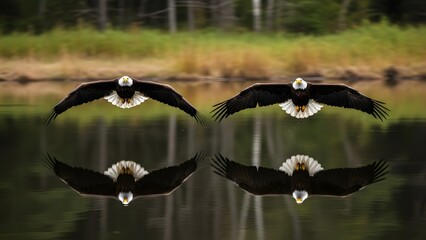 Two black and white birds flying low over a serene lake with reflections