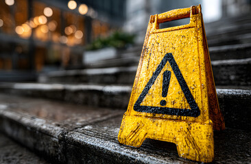 Yellow caution sign with exclamation mark at stone stairs bottom. Suggests potential danger for passersby in urban setting. Safety warning on city street indicates hazard, demands vigilance,