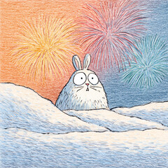 Cute rabbit watching colorful fireworks over a winter landscape at night