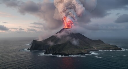 Aerial view of volcanic island erupting with lava and ash cloud over the ocean