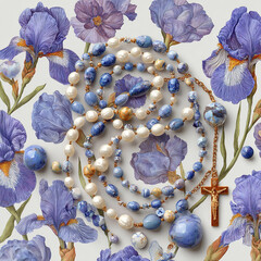 Beautiful blue and white beads with religious cross on a floral background with purple irises