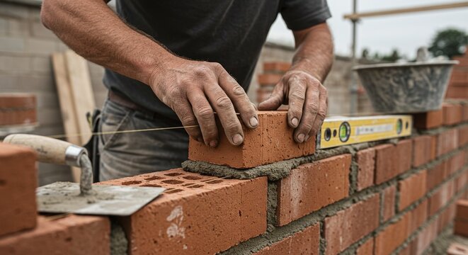Skilled bricklayer carefully placing a brick on a fresh layer of mortar to build a wall.Concept of traditional masonry and construction craftsmanship.