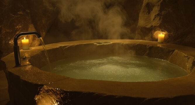 An illuminated stone hot tub with steam, candles, & running water