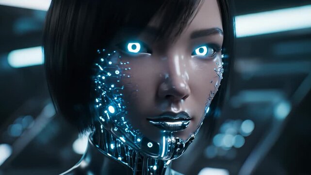 A futuristic robot stands in a high-tech environment with sleek lines and glowing elements. The robot and glowing elements create a captivating scene showcasing technology and innovation.