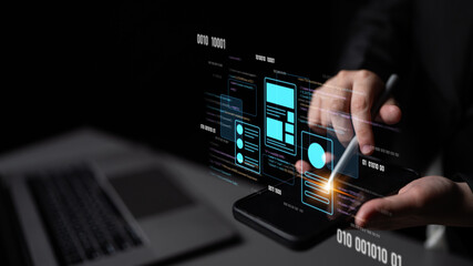 UI UX mockup showing application layout, structure, and code interface. UI design defines user flow, UI design improves clarity, UI design enhances experience, and UX design supports logic. Latch