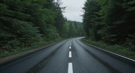 Obraz premium Asphalt road curves through dense green forest under a cloudy sky