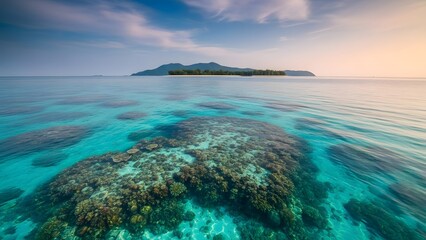 Serene tropical ocean scene with coral reef and island