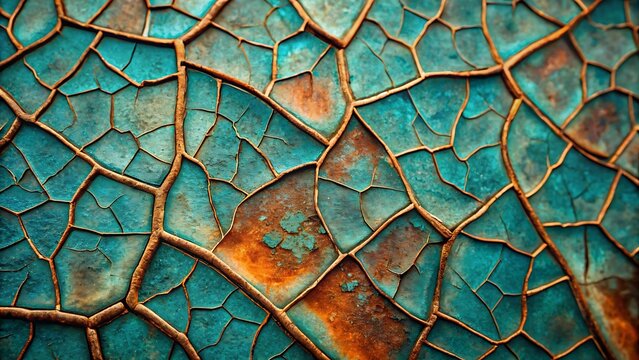 Close up macro view of a cracked textured surface with teal and rust colors