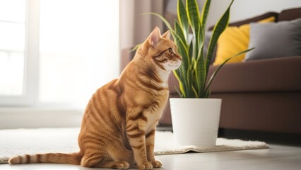 Curious orange tabby cat sitting next to a potted plant