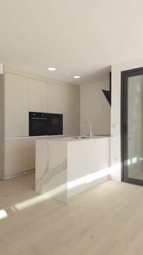 Vertical shot of modern kitchen interior with natural light