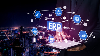 A business professional engages with a virtual ERP interface, showcasing various features over a...