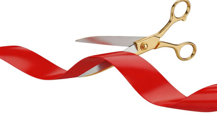 3d golden scissors cutting red ribbon transparent background cutout png