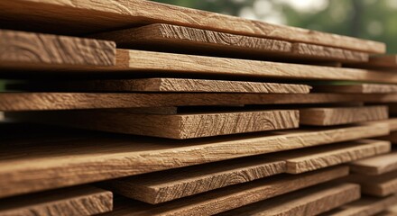 Stacks of raw wood planks and timber, a fundamental material for construction and carpentry.Concept of construction supplies and sustainable resources.