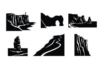 Coastal Cliff and Rock Formation Landscape Silhouette Icons