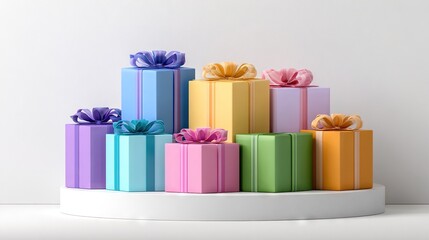   A stack of multicolored wrapped presents sits atop a white, round stand facing a white wall