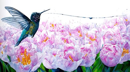   Hummingbird over pink tulips with lit string backdrop