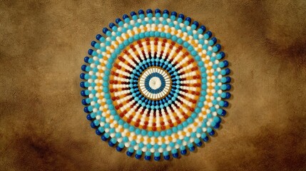  A circular object with shades of blue, orange, and white on a brown background featuring a white dot at its center