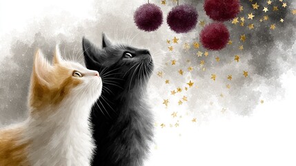   A pair of feline friends standing side by side against a vibrant red and white backdrop adorned with celestial symbols