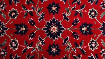   A zoomed-in picture of a red rug with a black and white floral pattern in the center and a matching black and white flower design centered on the rug