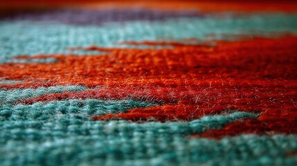   A close-up of a vividly colored rug with intricate red, blue, green, and orange patterns