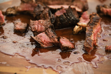 Grilled steak meat for juicy fresh beef concept closeup.