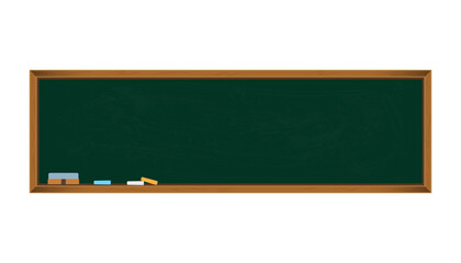 Classroom chalkboard background, wide green blackboard with wooden frame chalk and eraser isolated for school education lesson template and copy space