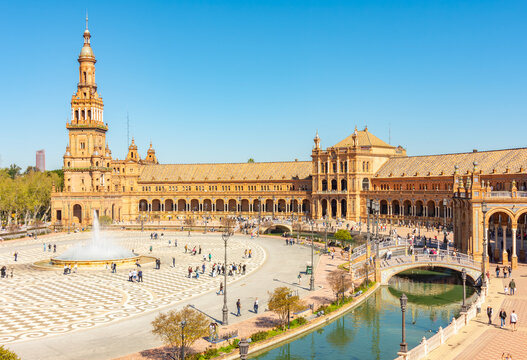 Panorama of Spain square in Maria Luisa park, Seville, Spain