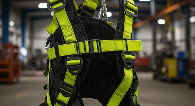 A high-visibility safety harness with straps and buckles, essential for fall protection at work.Concept of occupational safety and personal protection.