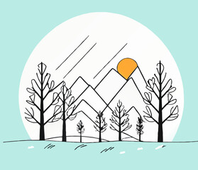 winter landscape with sunset simple sketch vector illustration
