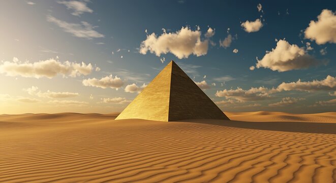 Golden pyramid in the desert with sand dunes and blue sky - Powered by Adobe