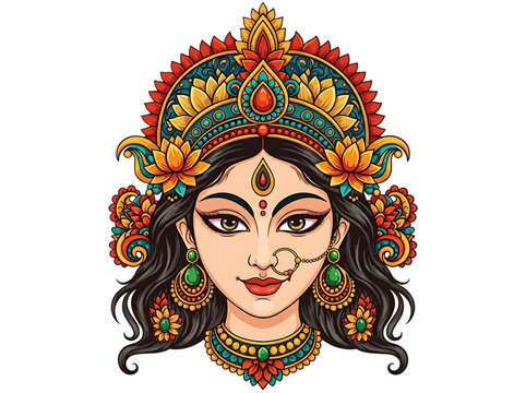beautiful illustration of hindu goddess maa saraswati face for traditional festival celebration of saraswati puja and vasant panchami isolated on transparent background