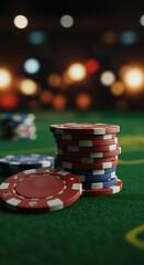 Stack of red and blue poker chips on green felt table in casino