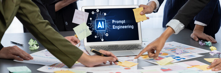 Analyst team use sticky note for creative and analytic brainstorm for business idea with BI data dashboard on laptop screen. Analysis financial data visualization tech for marketing strategy. Prodigy