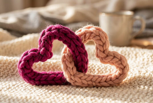 Two linked knitted hearts in pink and purple colors rest on soft wool blanket for cozy Valentine love concept - Powered by Adobe