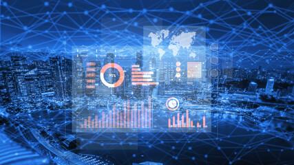 A vibrant city skyline at night serves as a backdrop for a futuristic digital data analysis interface featuring graphs and statistics in blue tones. Scalp