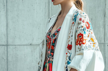 a young woman wearing a white coat featuring intricate red and orange floral embroidery over a colorful patterned dress