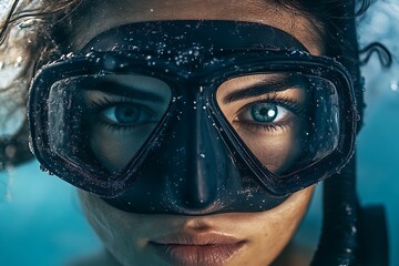 A close-up portrait of a woman in a diving mask captures the essence of adventure and the beauty of underwater photography.