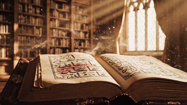 Mysterious ancient book glowing with magic light in a gothic library