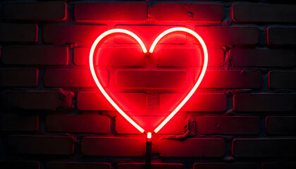 A vibrant red neon heart sign mounted on a rustic brick wall, glowing warmly in the night. The textured bricks create a strong contrast to the soft, pulsing neon light, casting subtle reflections, 