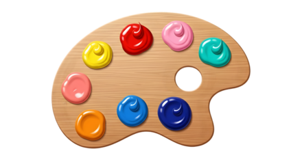 A wooden artist's palette with colorful paint blobs on transparent background
