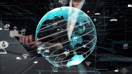 This image showcases a 3D globe with digital connections and technology symbols, representing global communication and advanced data networks in a modern setting. Xenic