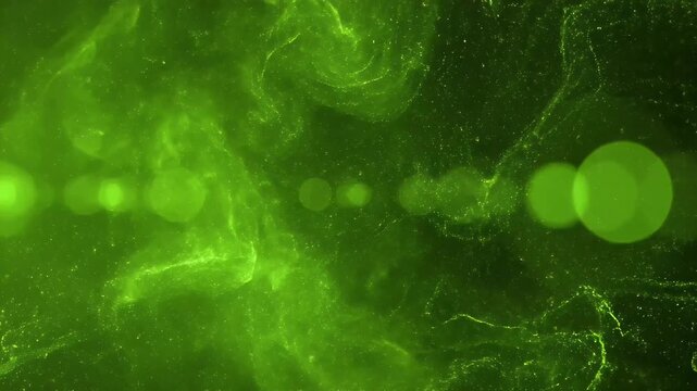 Vibrant green liquid with swirling abstract patterns and glowing bokeh lights creating an ethereal and mysterious fluid dynamic effect.