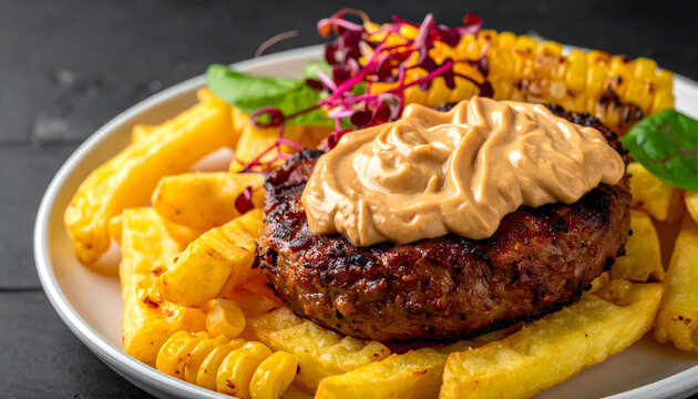 Close-up of a juicy grilled beef patty (Frikadelle / Bulette) served with golden fries and grilled corn kernels, drizzled with creamy Dutch Joppie and peanut sauces. Style, fast food, barbecue, 2.0