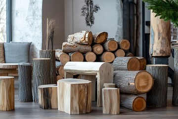A collection of neatly stacked alder wood logs waits for their chance to be transformed into beautiful furnishings, showcasing the beauty of natural materials.