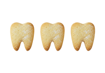 Three identical, tooth-shaped shortbread cookies, golden-brown, sugar-dusted, aligned on transparent background, high-angle commercial photo. Concept of culinary perfection