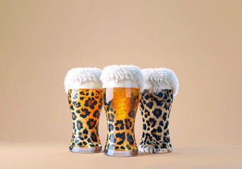 Three glasses of strong beer with rich foam, a surreal composition